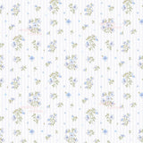 a repeating pattern of blue flowers and green leaves on a white background with vertical stripes.