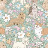 The image is a repeating pattern of various dog breeds, including a Corgi, a Dachshund, and a Poodle, surrounded by colorful flowers and foliage.