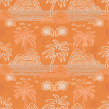 an orange background with palm trees and waves