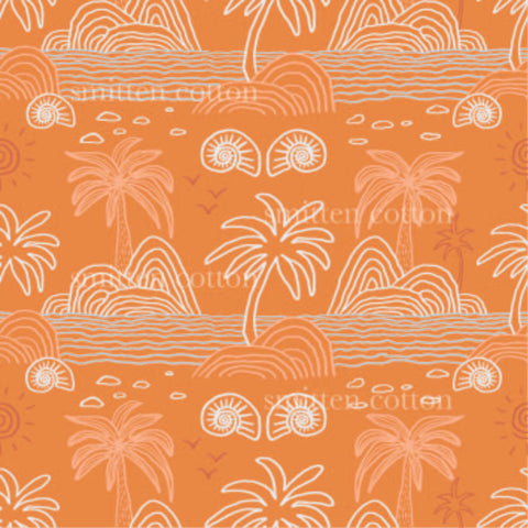 an orange background with palm trees and waves