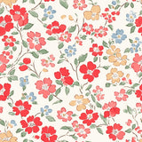 a repeating pattern of red, pink, and yellow flowers with green leaves against a light background.