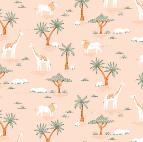 a pink background with giraffes and palm trees