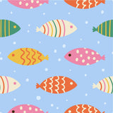 a repeating pattern of colorful fish swimming against a blue background with white polka dots.