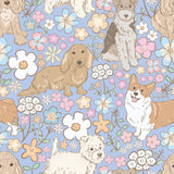 The image is a repeating pattern of various dog breeds, including a Corgi, a Dachshund, and a Cocker Spaniel, all surrounded by colorful flowers and leaves.