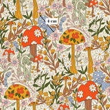 The image is a vibrant and whimsical pattern featuring various mushrooms, flowers, and leaves in a variety of colors including orange, yellow, green, and white. The pattern is filled with a diverse array of mushrooms and flowers, creating a visually striking and lively composition.