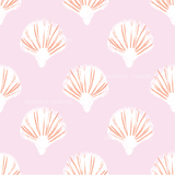 a pink background with a pattern of seashells