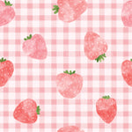 a pattern of strawberries on a pink and white checkered tablecloth