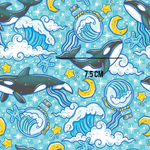 a pattern of dolphins and stars on a blue background