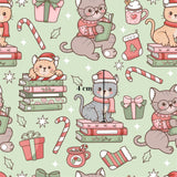 The image is a repeating pattern of various Christmas-themed elements, including cats, books, gift boxes, candy canes, and other festive decorations.