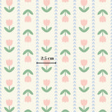 a repeating pattern of pink and green flowers with green leaves, and there is a measurement line indicating the size of the pattern.