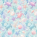 The image is a vibrant underwater scene featuring various sea creatures such as sea turtles, starfish, and seashells, all set against a light blue background.