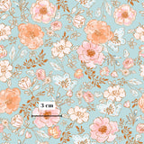 a repeating pattern of pink and orange flowers against a light blue background.