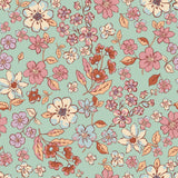 The image is a seamless pattern of various colorful flowers and leaves on a light green background.