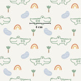 a repeating pattern of cartoon-style alligators and tropical elements such as palm trees, rainbows, and clouds. The pattern is designed to be visually appealing and playful, with the alligators and other elements in a variety of colors and styles.