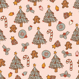 a repeating pattern of Christmas-themed elements, including trees, gingerbread men, candy canes, holly leaves, and snowflakes, all set against a light pink background.