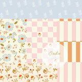 The image is a collage of various floral and geometric patterns, including a repeating pattern of blue flowers, a checkered pattern, and stripes. The collage is titled "Sadie" and includes a series of images.
