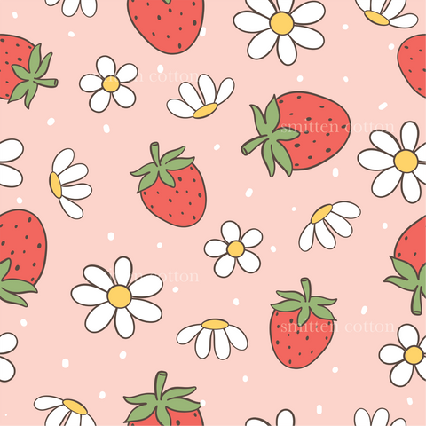 a pattern of strawberries and daisies on a pink background