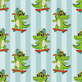 a repeating pattern of cartoon crocodiles riding skateboards, all wearing sunglasses and hats.