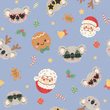a repeating pattern of various Christmas-themed characters and objects, including koalas, Santa Claus, gingerbread cookies, Christmas trees, and stars.