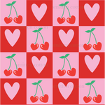 a pattern with cherries and hearts on a pink background