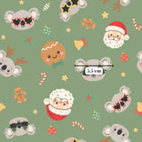 a repeating pattern of various Christmas-themed elements, including koalas, Santa Claus, gingerbread cookies, and other festive decorations. The pattern is filled with a variety of colors, including shades of green, red, and white, creating a lively and cheerful atmosphere.