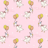 The image is a repeating pattern of cartoon-style illustrations of white birds wearing party hats and holding colorful balloons.