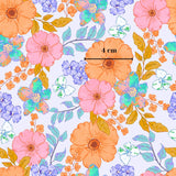 The image is a vibrant and colorful floral pattern with various types of flowers and leaves. The flowers are depicted in shades of orange, pink, and purple, while the leaves are depicted in shades of green and blue. The image also includes a scale indicating the size of the flowers, with the text "4 cm" visible.