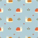 a repeating pattern of cartoon-style snails and mushrooms on a light blue background.