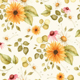 The image is a repeating pattern of various flowers and leaves in shades of yellow, orange, and green against a white background.