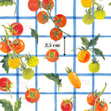 The image is a vibrant and colorful illustration of various fruits and vegetables, including tomatoes, carrots, and leafy greens, arranged in a grid-like pattern.