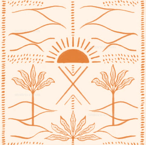 an orange and white pattern with trees and a sun