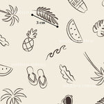 various hand-drawn illustrations of tropical fruits, such as pineapple, watermelon, and palm leaves, along with other beach-related objects like a surfboard and sunglasses.