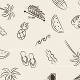 various hand-drawn illustrations of tropical fruits, such as pineapple, watermelon, and palm leaves, along with other beach-related objects like a surfboard and sunglasses.