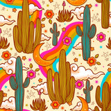 The image is a vibrant and whimsical pattern featuring various desert-themed elements, including cacti, flowers, rainbows, and stars. The overall color scheme is a mix of warm tones, such as orange, yellow, and pink, with some cool blues and greens. The pattern appears to be a seamless design with a repeating pattern of these elements, creating a visually engaging and dynamic composition.