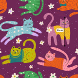 The image is a vibrant and whimsical pattern featuring a variety of cats in different colors and poses, including one wearing a sweater and another with a bow tie. The cats are surrounded by flowers and the background is a deep purple color.