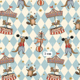 The image is a repeating pattern of various circus animals and circus-related objects, such as a circus tent, circus performers, and circus animals, all set against a diamond-shaped background with stars.