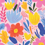 The image is a vibrant and colorful abstract pattern featuring various stylized flowers and leaves in shades of pink, blue, yellow, and orange.
