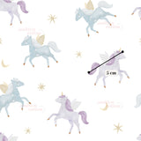 a repeating pattern of whimsical illustrations of purple and white unicorn-like creatures with wings, along with stars and crescent moons. The image is described as a seamless pattern with a 5 cm line, suggesting it is a size reference.