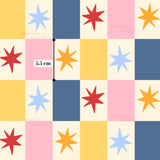 The image is a colorful pattern composed of various shapes, including stars and squares, arranged in a grid-like layout.