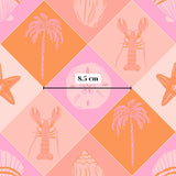 The image is a vibrant and colorful pattern featuring various tropical elements such as palm trees, starfish, and seashells, all rendered in shades of pink, orange, and yellow. The pattern is composed of multiple smaller images arranged in a diamond-like shape, creating a visually striking and cohesive design.