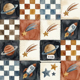 The image is a collage of various celestial objects and patterns, including planets, stars, and rockets, arranged in a grid-like pattern.