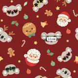 a repeating pattern of various Christmas-themed elements, including koalas, Santa Claus, gingerbread cookies, candy canes, and other festive decorations. The overall color scheme is predominantly red, with some green and white accents. The image does not contain any text or detailed descriptions of each element, and it is a simple, repetitive pattern that does not include any specific actions or movements.