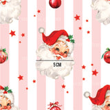 a pink and white striped wallpaper with santa claus