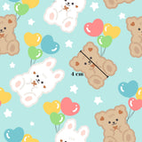 a repeating pattern of cartoon-style teddy bears and heart-shaped balloons against a light blue background with white stars.