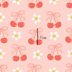 a pattern with cherries and a bow on a pink background