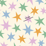 a pattern of colorful stars, with a measurement line indicating the size of the stars.