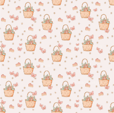 a pattern of a basket with flowers and a cake