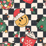 a pattern of christmas items on a checkered background