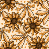 a repeating pattern of sunflowers with bows on a light brown background with polka dots.