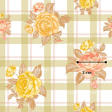 a repeating pattern of yellow and pink flowers against a white and green checkered background.